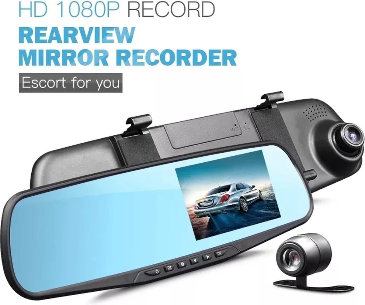 TechU™ Dashcam Voor en Achter Camera – M31 Zwart – Dashboardcamera – 4.3” Scherm & 12.2” Spiegel – G-sensor – Bewegingssensor – Loop recording – Nachtvisie – 130° Wijdhoeklens – Incl. Achteruitrijcamera - voor auto