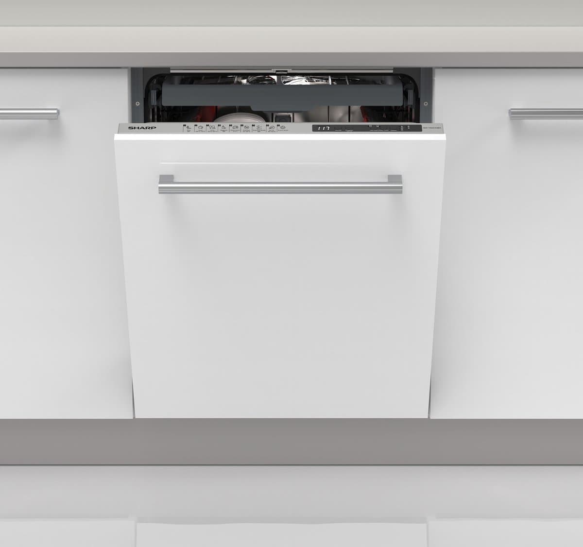 Sharp QWNI25I44BXEU - volledig geïntegreerd - 60cm - energie label B - auto open Door - 9 programma's - besteklade + topsproeier - 10 jaar motorgarantie