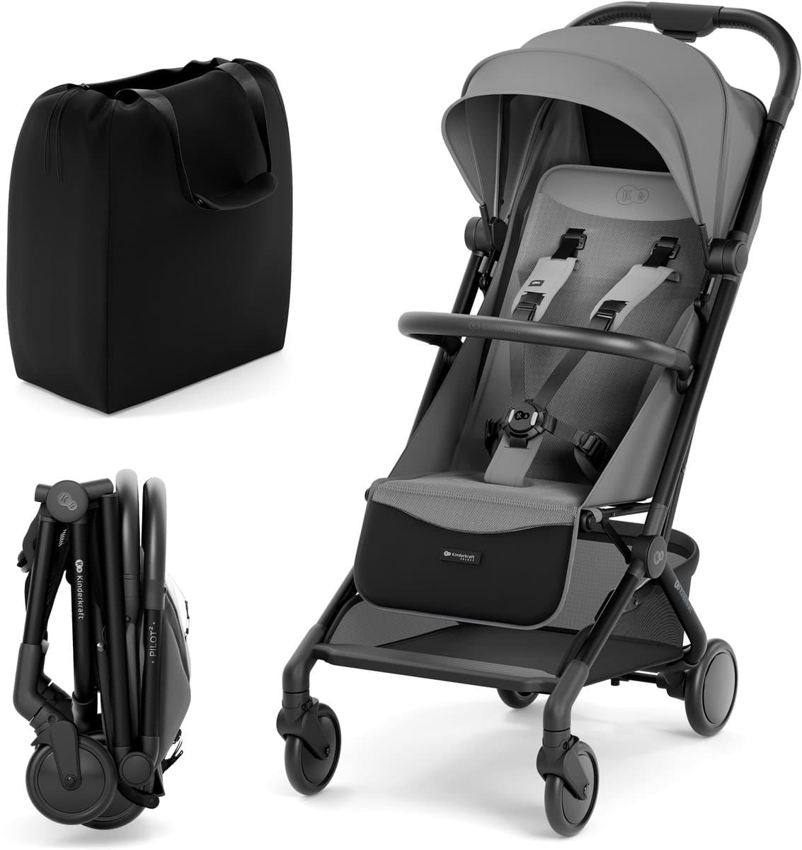Kinderkraft PILOT2 Buggy - Tot 22 kg - Lichtgewicht Reisbuggy - UPF50+ Waterdichte Kap - Verstelbare Rugleuning - Grijs