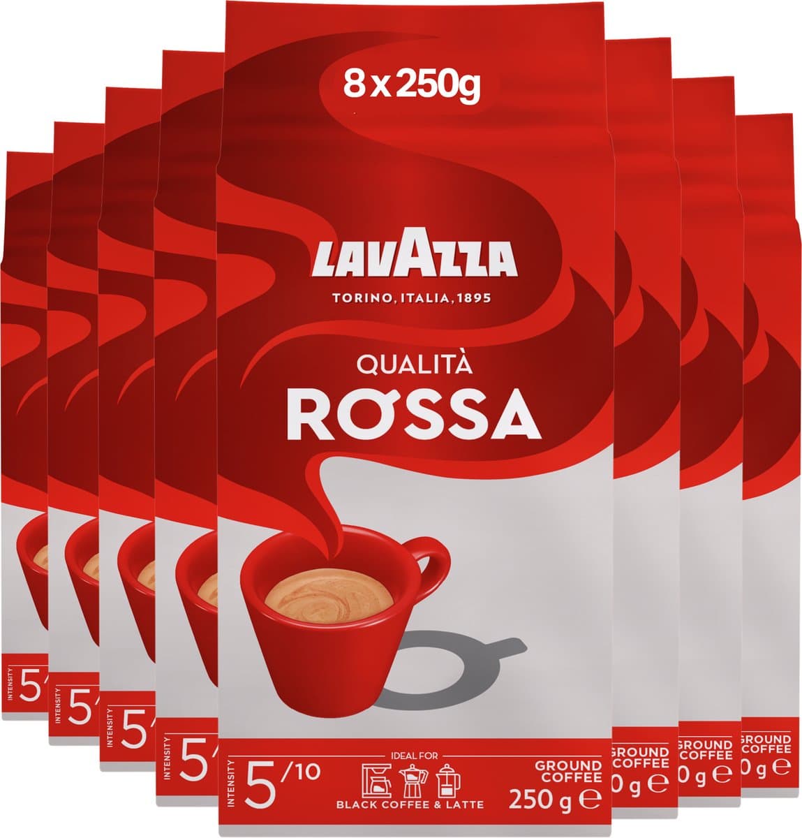 Lavazza Qualità Rossa Filterkoffie - Gemalen Koffie - 100% Arabica Bonen - Intensiteit 5/10 - 8 x 250 gram