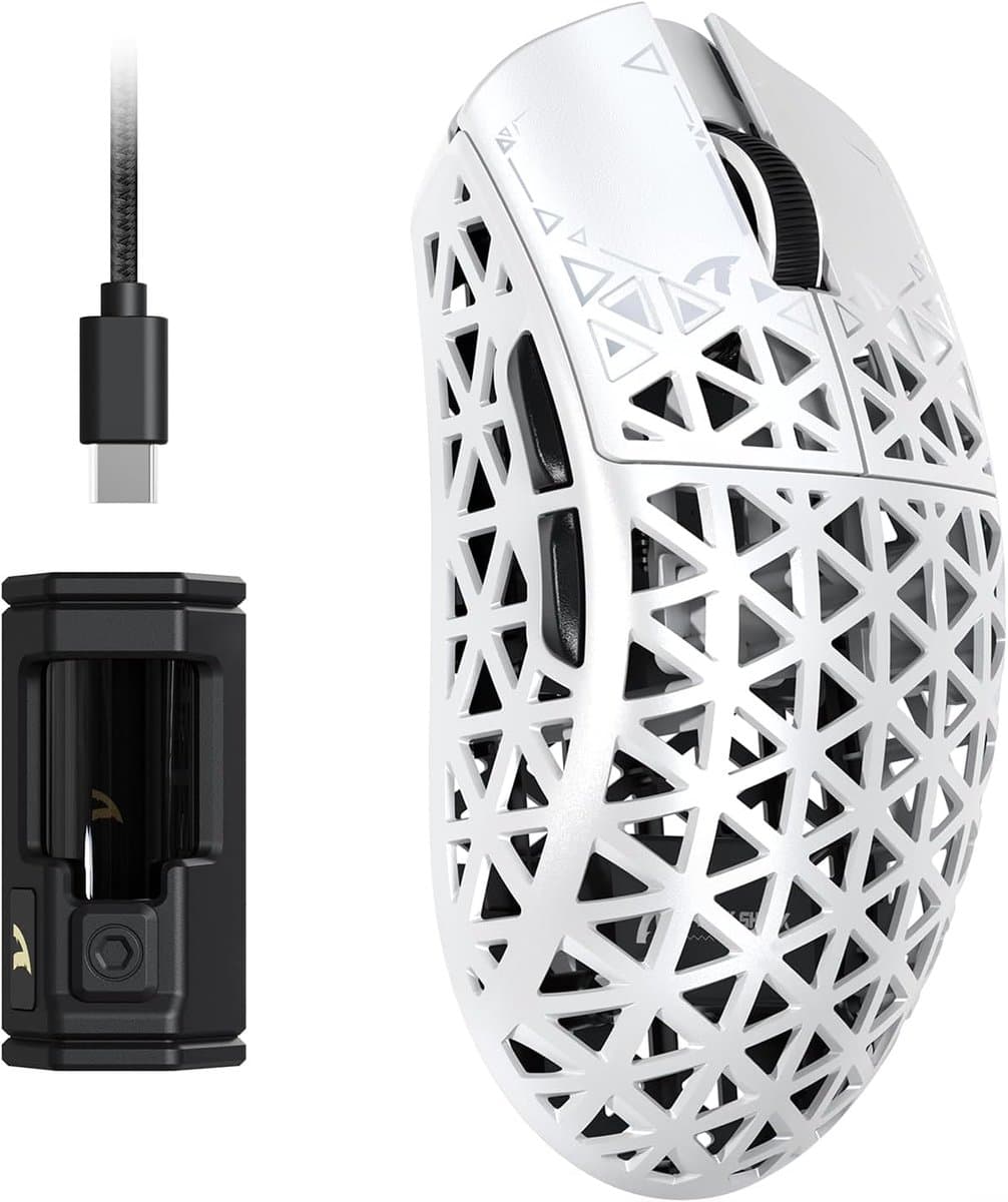 ATTACK SHARK R5 Ultra - Gamingmuis - Koolstofvezel Behuizing - 39g Ultralicht - HyperSpeed Draadloos - 2.4G / Bluetooth / USB-C Bedraad - PAW3950MAX Sensor - 8000Hz Pollingsnelheid - 42.000 DPI - Windows & Mac - Wit