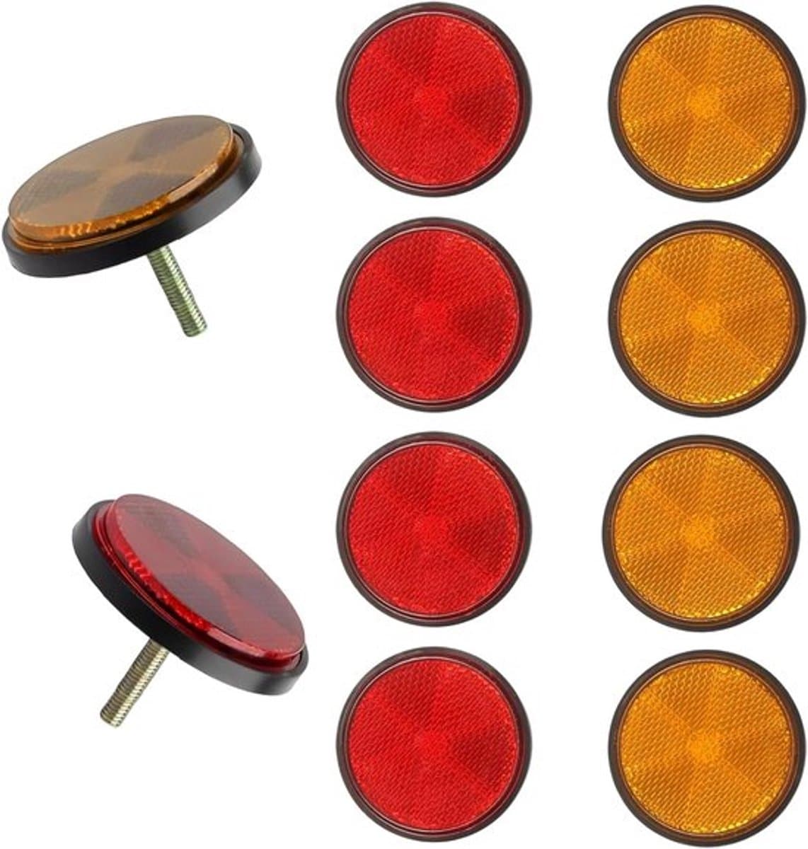Set van 10 kattenoogreflectoren, 56 mm ronde reflectoren, duurzame fietsreflectoren in kattenoog-stijl, reflectoren met schroefbevestiging, rood en oranje, voor auto's, fietsen en motorfietsen
