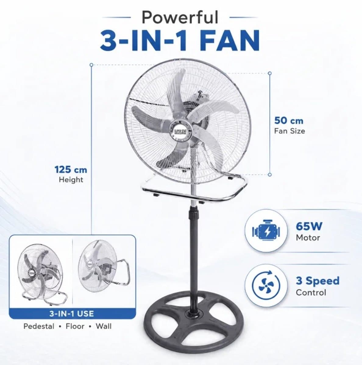 House Of Atelier - 3-in1 Ventilator - Staande Ventilator - Tafel Ventilator - Muur Ventilator - 65W vermogen - 3 Snelheden - Zwart
