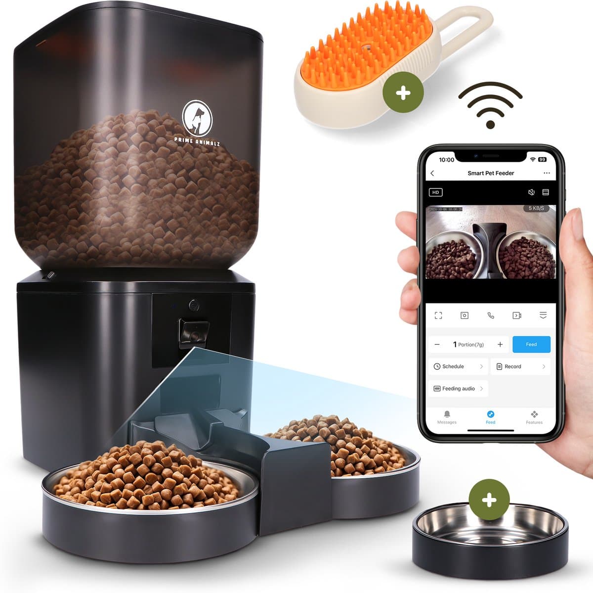 Automatische Voerbak dubbel Premium 7L – Kat en Hond – Slimme Voerdispenser met Camera – Full HD 1080P Night Vision – Two-Way Audio – Voerautomaat met App – RVS Dubbele en Enkele Voerbak – Voor Katten en Honden – Prime AnimalZ – Zwart