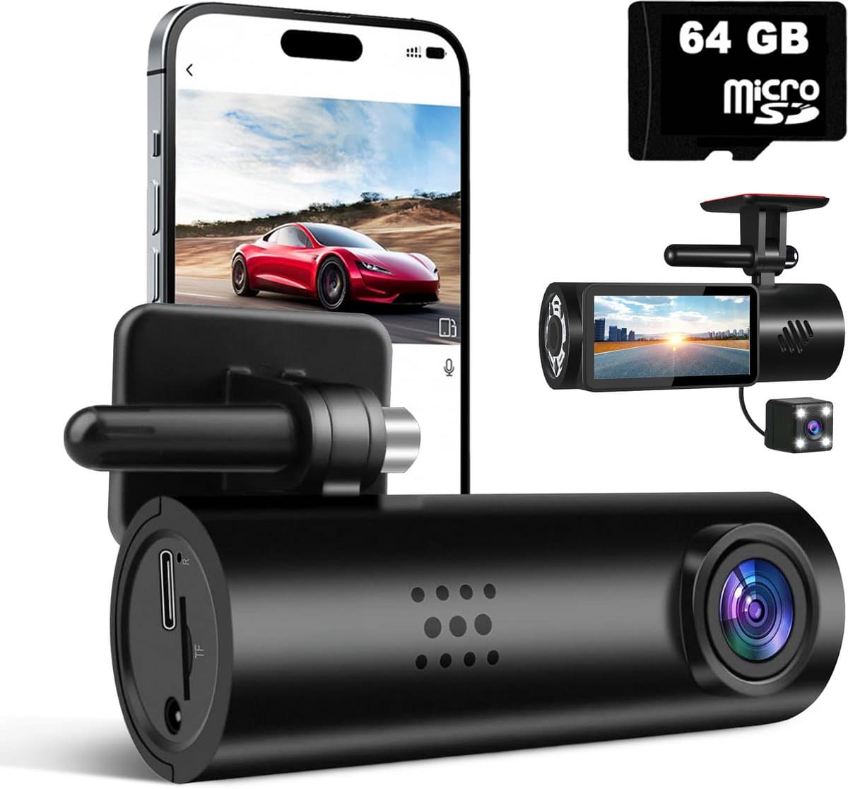 Tech Essentials B100 Dashcam - 720P - Wifi - SD Kaart 64GB - Met Achteruitrijcamera - USB-C - Voor Auto Camera - Voor En Achter - Nachtzicht