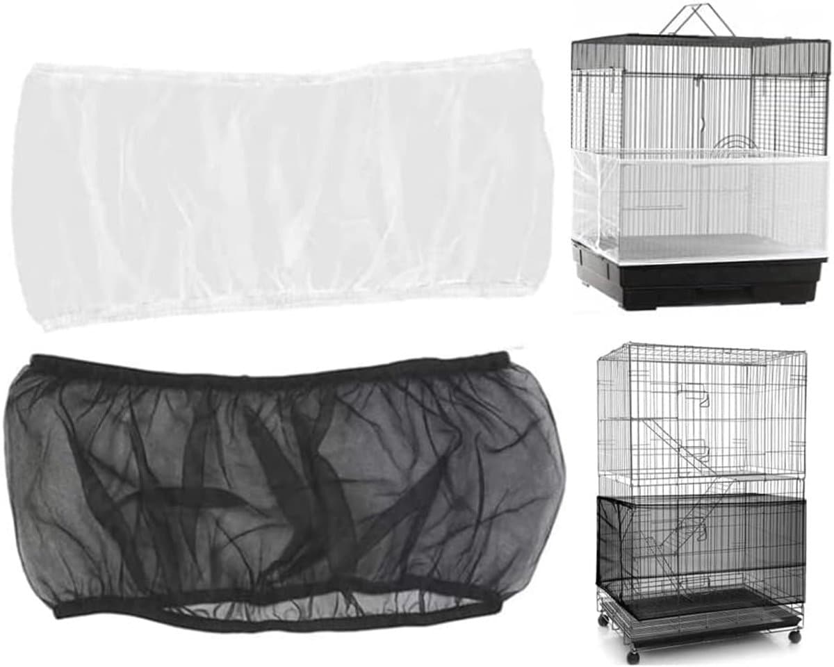 Pack van 2 - Vogelkooi Deksel - Vogelkooi Deksel met Elastische Band - Gaas Zaadvanger voor Vogels en Kleine Dieren - Voor Papegaaien en Parkieten - Ronde en Vierkante Kooi (L, Zwart + Wit)
