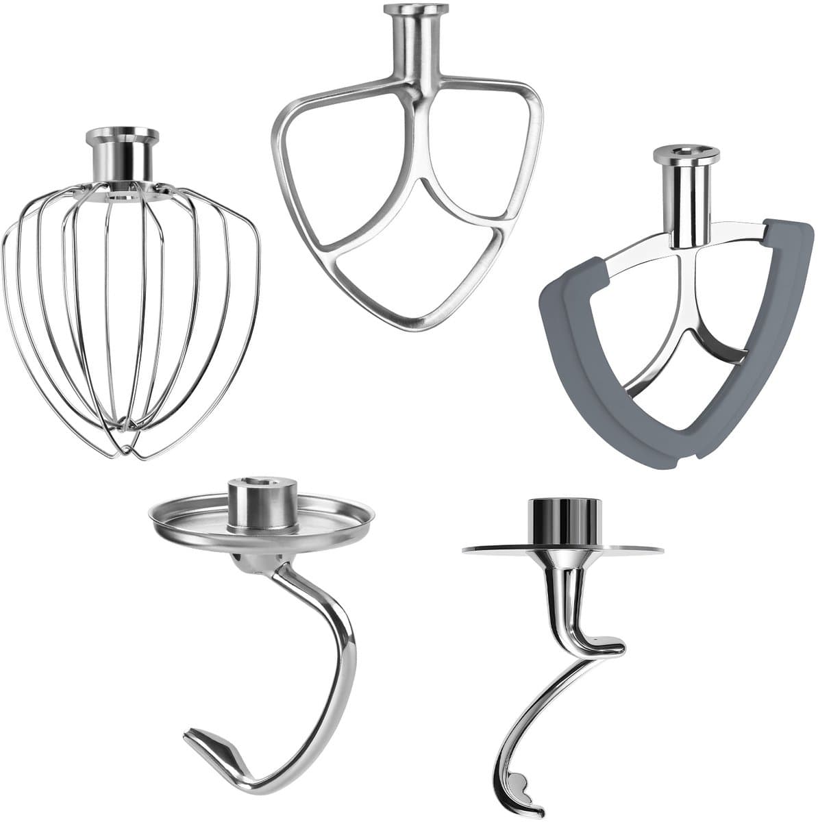 5-Delige Accessoireset voor KitchenAid 4.3, 4.7/4.8L Tilt-Head Stand Mixers Artisan & Classic Series van MMOBIEL - K45 6-Draads Garde, Platte Mixer, Flex Edge Klopper, Spiralen Deeghaak & Deeghaak - RVS