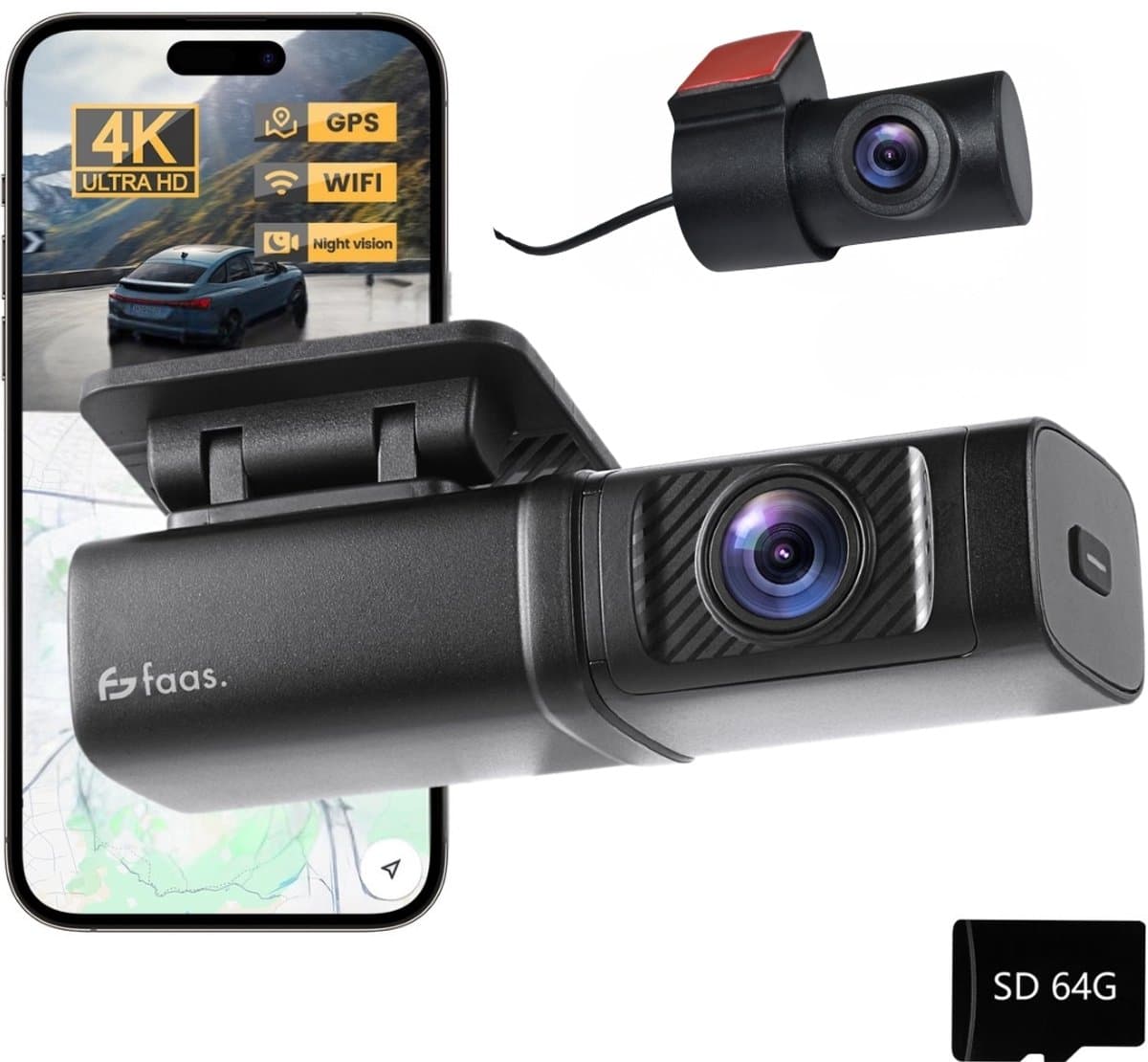 Faas S80 Dual Dashcam 4K – Voor & Achter + 64GB