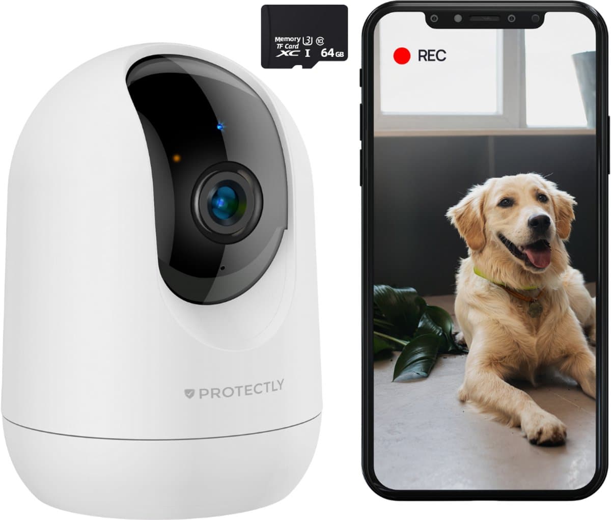 Protectly 2K binnenbeveiligingscamera met 64GB SD en app
