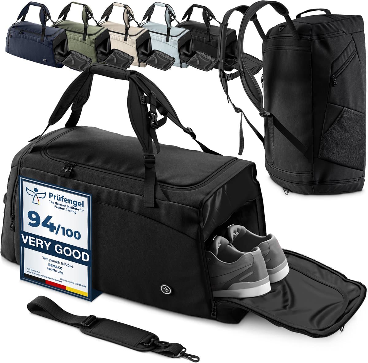 bemaxx Sporttas Gymbag Reistas 40L / 60L | Trainingstas met Rugzak-Functie Schoenencompartiment Vak voor natte Kleding | Sportrugzak Fitness Tas Weekender Zwemtas Duffelbag Sportzak Fitnesszak Sportbag Heren - 60L, Zwart