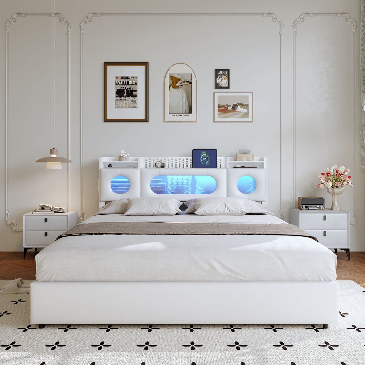 Gasveerbed 160x200 cm met LED-hoofdbord, USB en Type-C, opbergvak en opbergruimte onder het bed – ideaal voor lezen, ontspannen en opladen – Wit