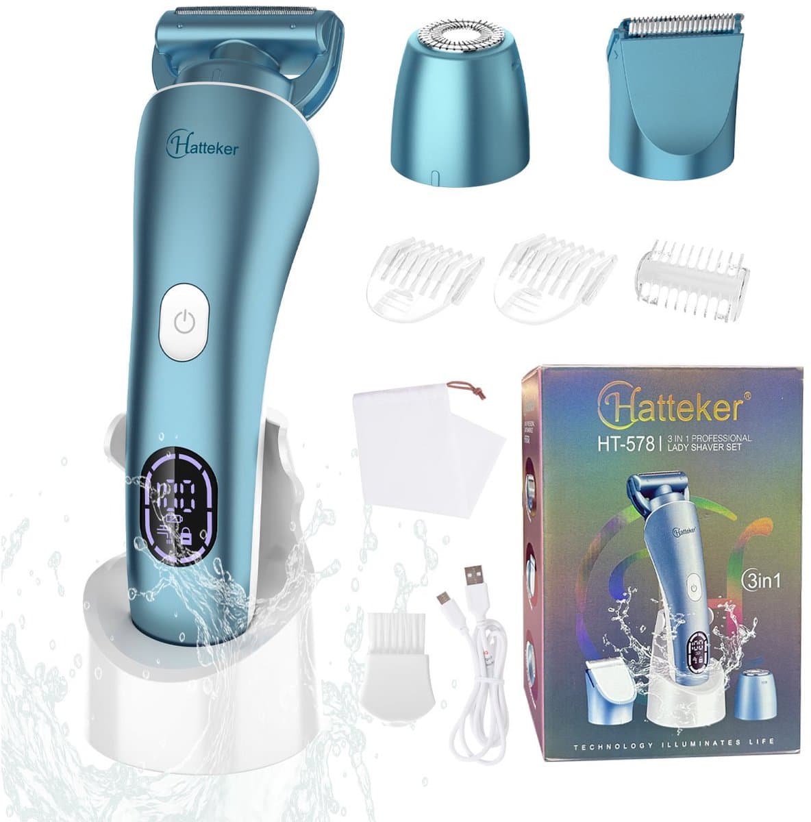Hatteker 3-in-1 Ladyshave voor Vrouwen – Dames Scheerapparaat – Epileerapparaat – Trimmer voor Benen, Bikinilijn en Oksels – Epilator – Waterdicht IPX7 – Blau