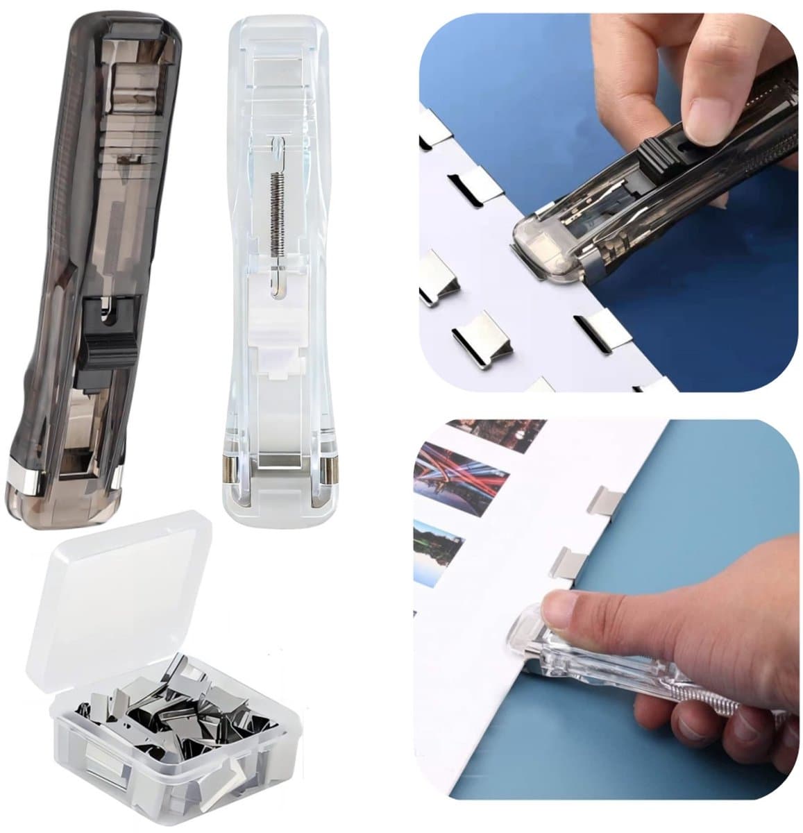 2-sets bindmachine – Examenpapieren bindapparaat – Draagbaar bindgereedschap – Foto organisator – Papierbevestigers – Schuifmechanisme – Inclusief 100 bindklemmen – Voor documenten, examenpapieren, foto's, papier (11,5 x 2,5 cm – Zwart, Wit) - afbeelding 1