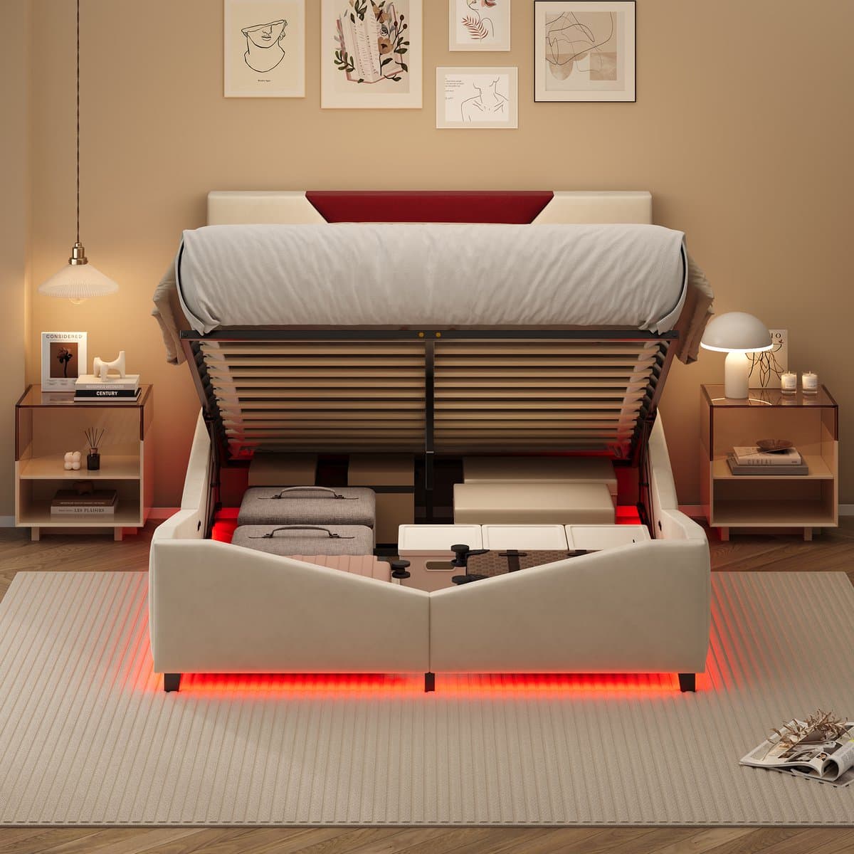 Velours tweepersoonsbed 160x200 cm met geïntegreerde LED-vloerverlichting en gasveermechanisme voor opbergruimte, modern slaapkamerdesign met zacht comfort, beige