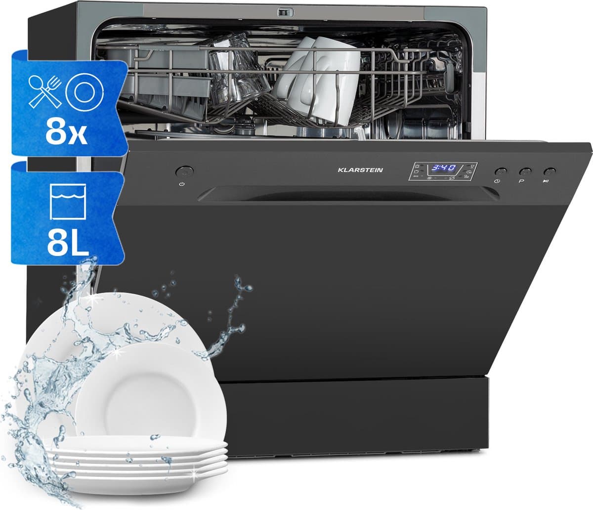 Klarstein Vaatwasser mini- voor 8 couverts, stille kleine vaatwasser met 6 wasprogramma's, kleine tafelmodel vaatwasser voor thuis, kantoor, camping, mini-vaatwasser met wateraansluiting - Vaatwasmachine - 8 Maatgedekken 49 dB 45 cm 1620W