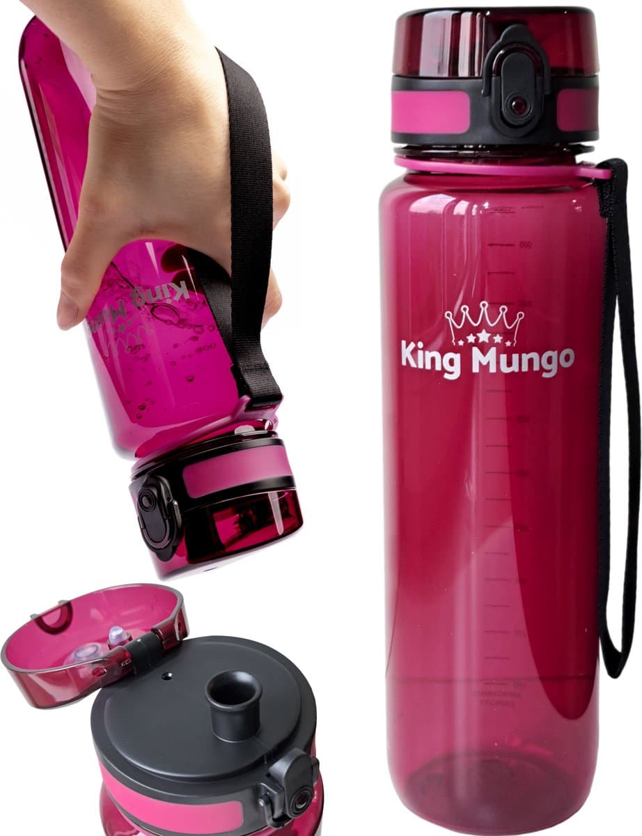 Drinkfles 1 Liter Paars Rood transparant - Sport Bidon 1L Tritan - 100% Lekvrij & Vaatwasserbestendig - Zonder Rietje - King Mungo