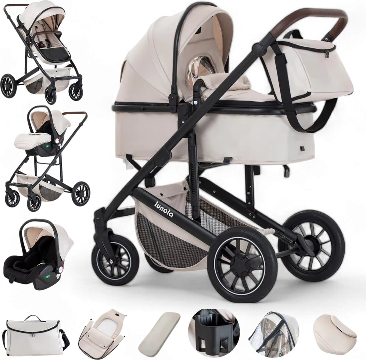 Lunola Luna - Kinderwagen 3-in-1 - incl. autostoel - 0-22kg - XXL - Wandelwagen - Multifunctionele Buggy 3in1 - Wit