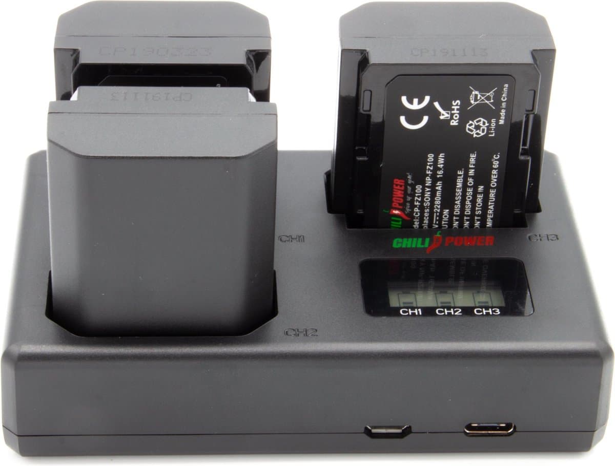 ChiliPower Sony Accu NP-FZ100 Kit Deluxe - 3 accu's + Triple lader, voor het laden van 3 accu's