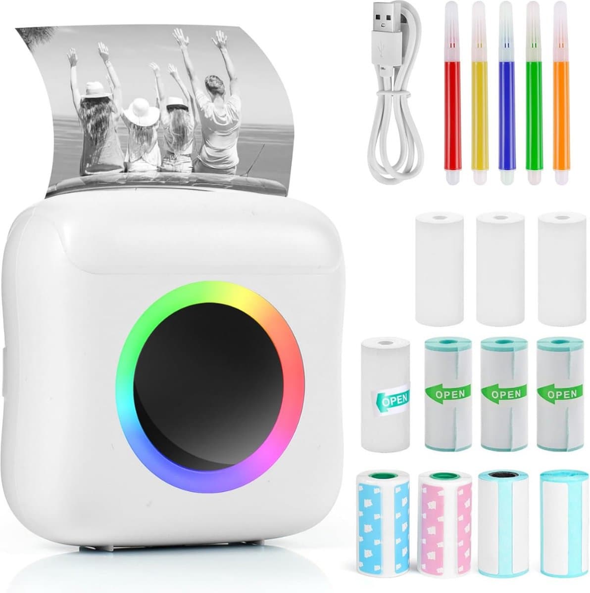 Mini Printer – Inclusief Thermisch/Zelfklevend/Etiket-Papier, USB-kabel, Aquarelpen, Transparant Sticke – Foto Printer Draadloos – Mobiele Fotoprinter - Wit - afbeelding 1