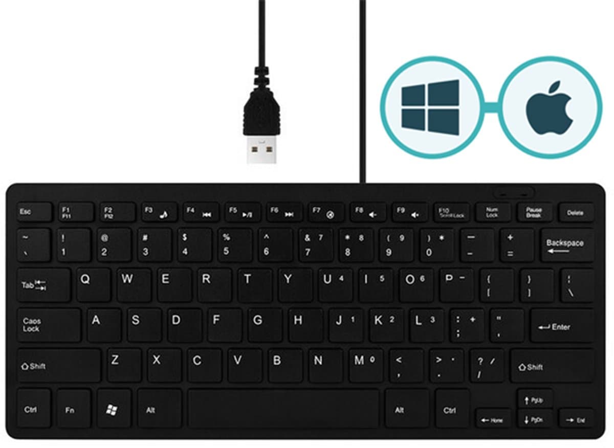 K001 Mini Toetsenbord, QWERTY (US), Ergonomisch en Ultradun, Zwart, Met draad, USB aansluiting, Mac + Windows