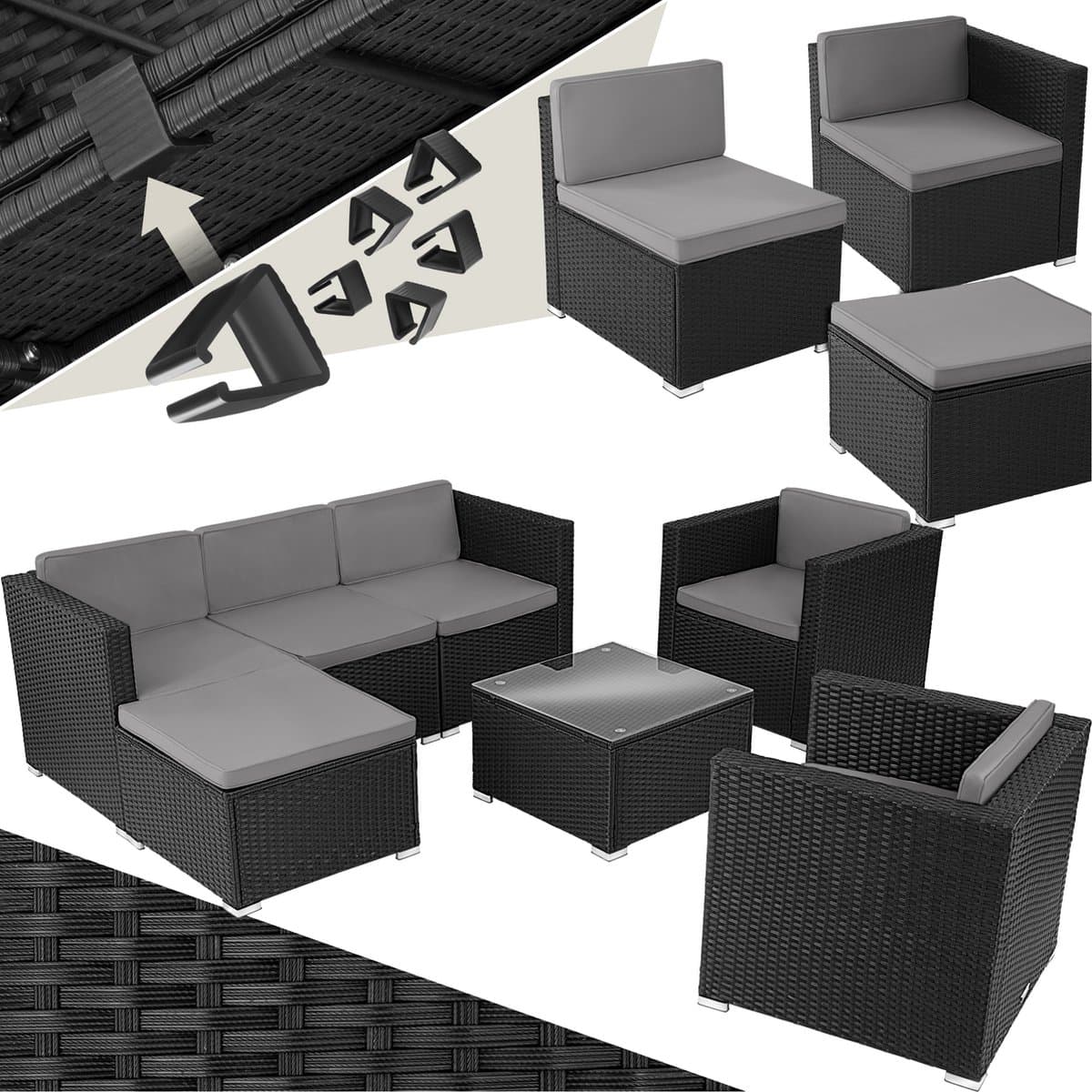 tectake® wicker Loungeset, buitenzitgroep, set met bank, 2 fauteuils, kruk, tafel, vrij combineerbaar, tuinmeubelen voor 5-6 personen, voor tuin, terras, balkon, inclusief kussens - zwart - poly-rattan - afbeelding 1