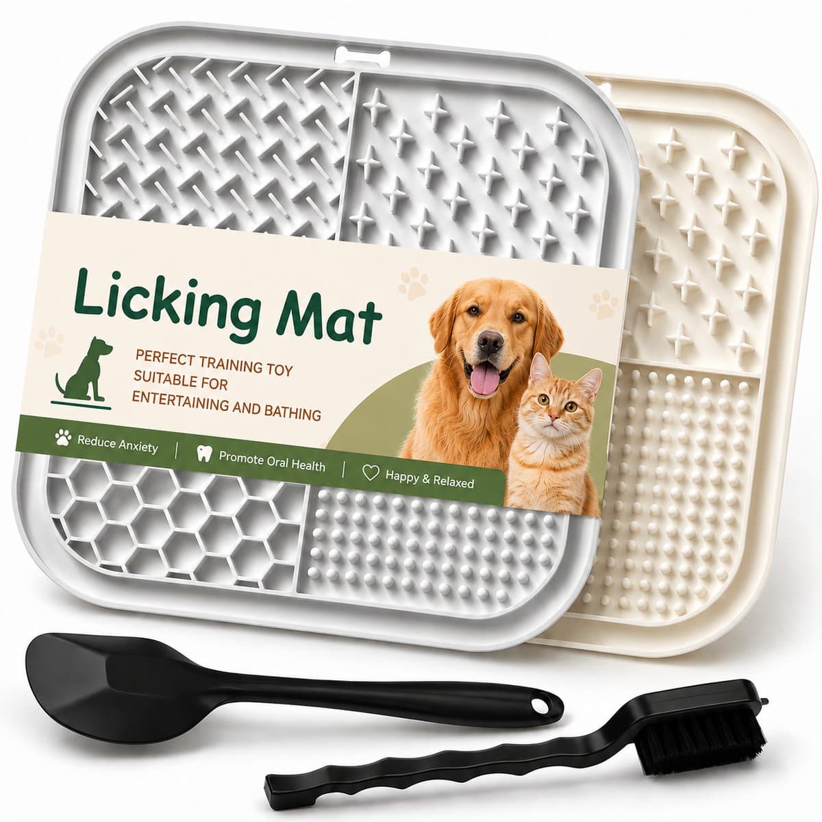 BOTC Likmat Hond met Silicone spatulas - 4-Delig Likmat Voermat Hond - voermat - Slowfeeder Hond - Grijs /Beige