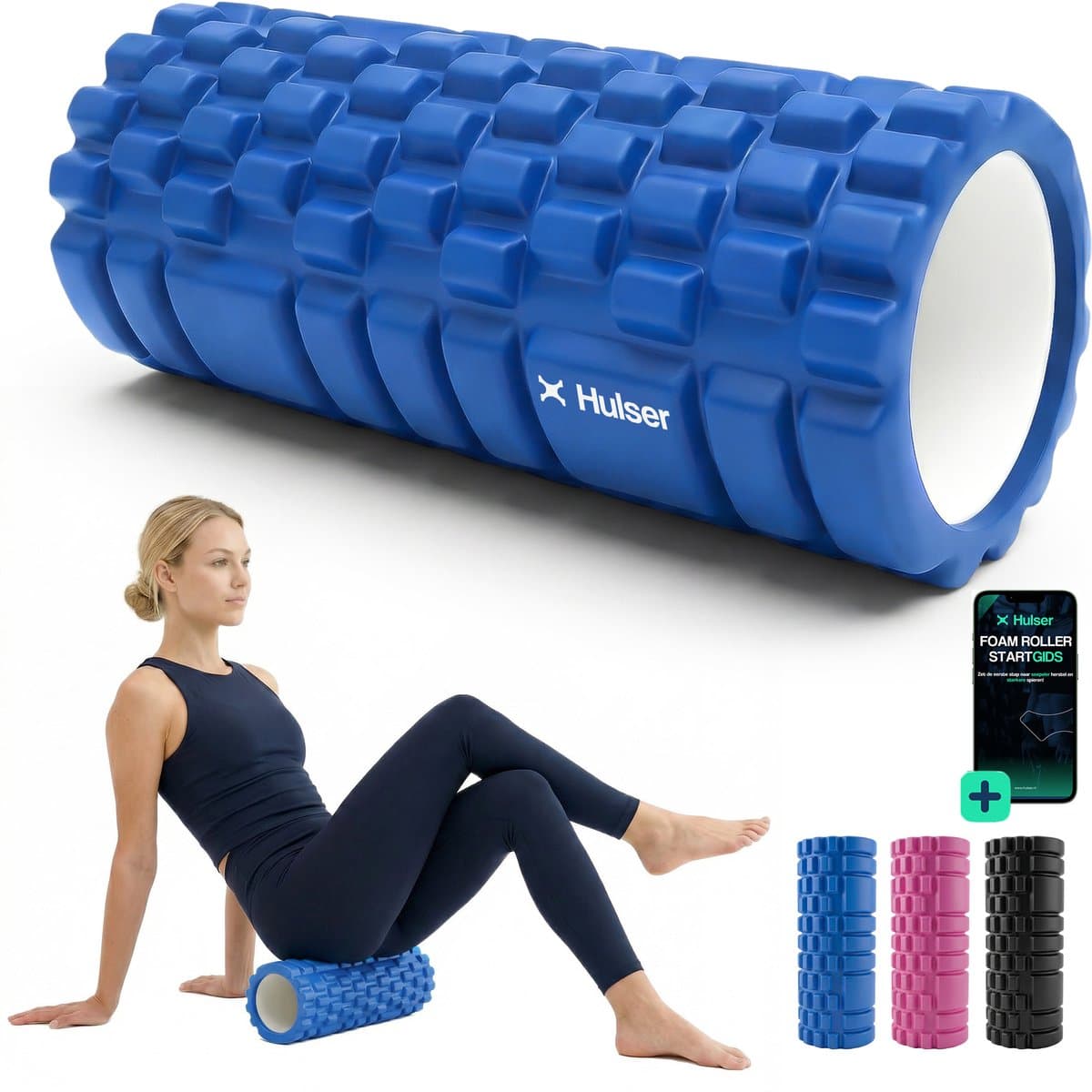 Hulser Foam Roller 33 cm – Massage roller – Fitness en Yoga foamroller – Blauw – Met digitale startgids - Voor triggerpoint massage - Grid Trigger