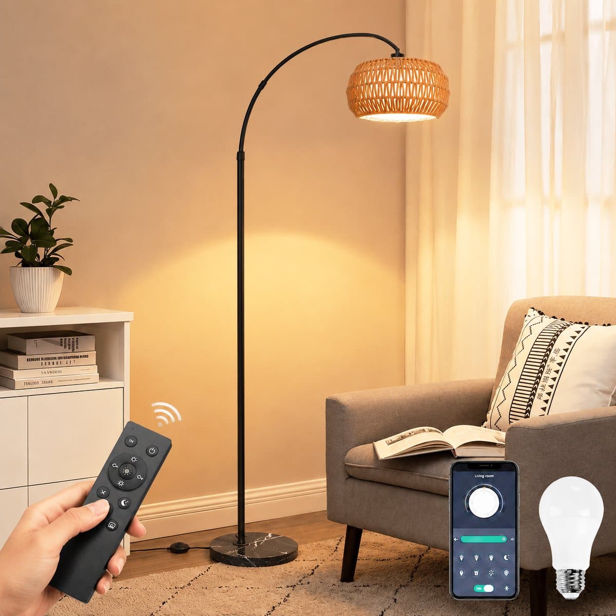 MUPOO Boho Rotan vloerlamp Booglamp 185cm-Staande Lamp Dimbaar met APP Afstandsbediening -booglamp met 360° Draaibare Arm & Hoogte Verstelbaar en Voetschakelaar -Sfeerverlichting leeslamp staand voor Woonkamer Slaapkamer Kantoor