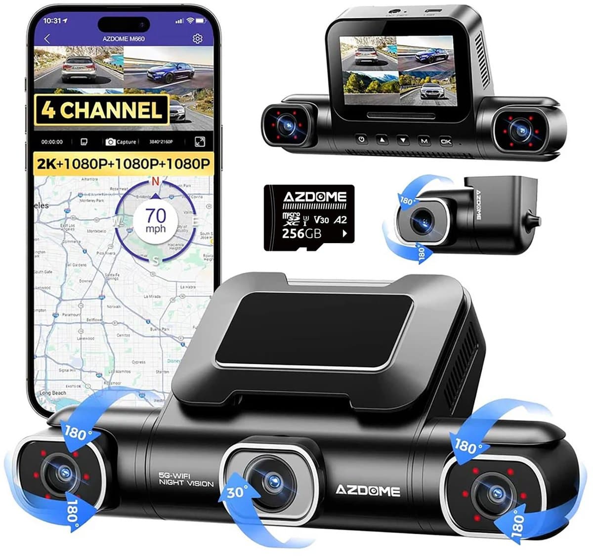 AZDOME M660 2.5K 4CH 360° Dash Cam, Geheugenkaart 256GB + 64GB, 4 Camera's (voor + achter + links + rechts), GPS, 5G WiFi, 3" Touchscreen, G-Sensor & IR Nachtzicht - Professionele Auto Beveiliging - Haarscherpe Nachtzicht - Dashcam Auto 2026 Model