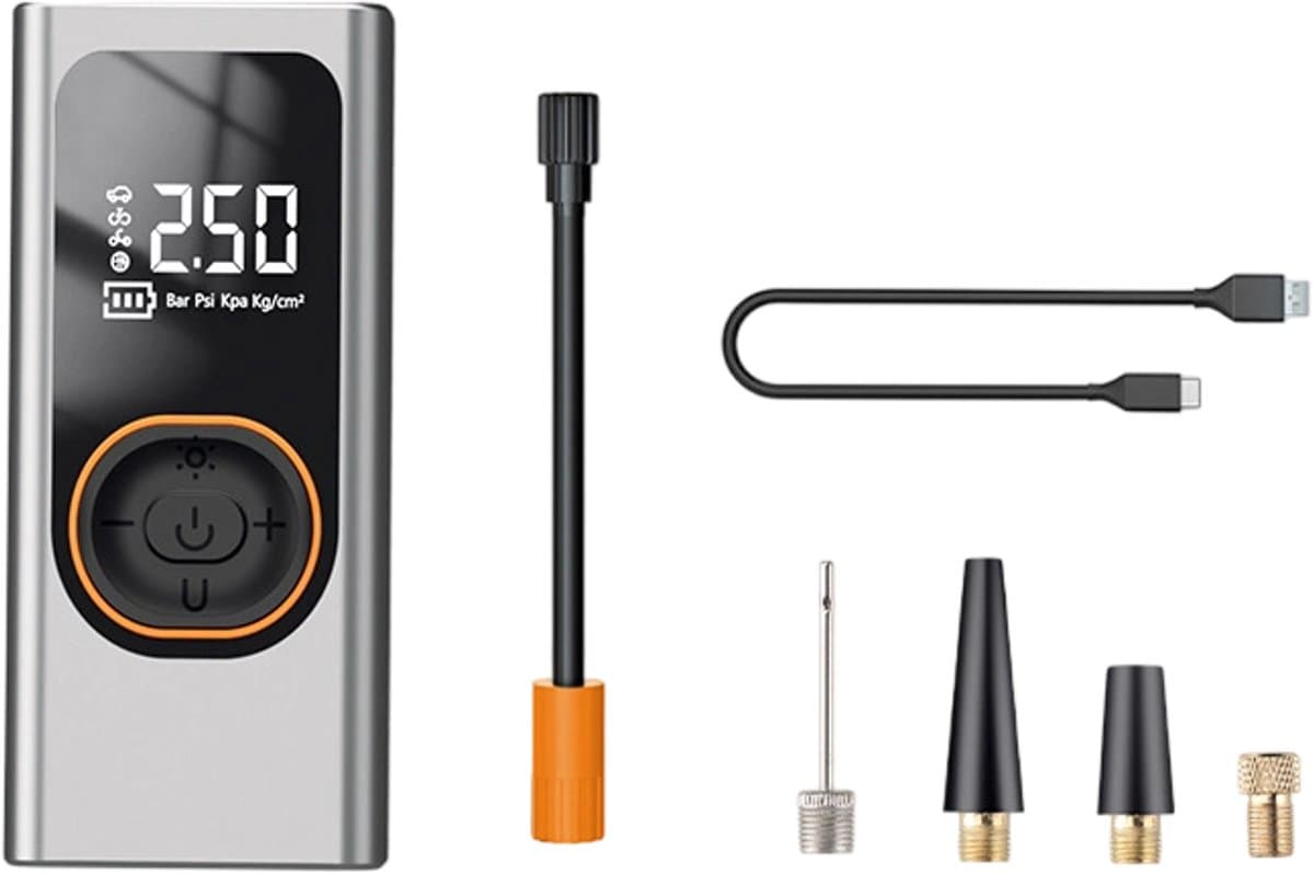 Pomp - Mini draagbaar- Elektrische Luchtpomp - Bandenspanningmeter met LCD en LED SOS - Voor Auto, Motor, Fiets en Ballen - USB Oplaadbaar - Zwart