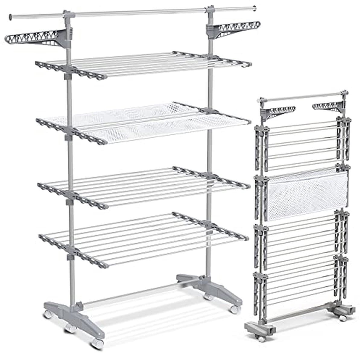 Droogrek Met Wielen - Kledingrek Vlier - Kleding Drogen - 28 Meter Drooglengte - 4 Niveaus - Zilver