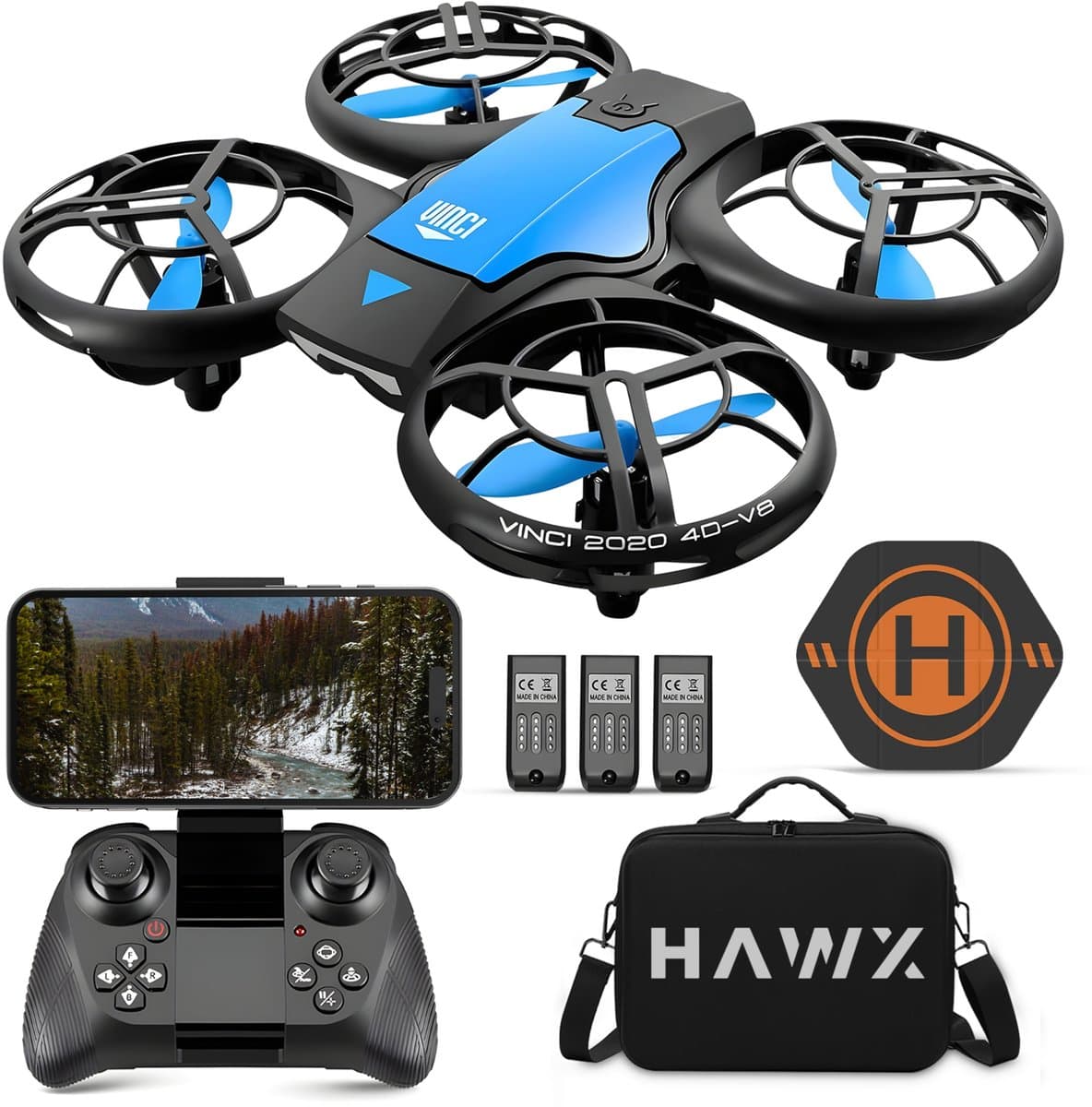 HAWX Drone - Drone met 4K Camera - Mini drone - Voor Kinderen/Volwassenen - Drones - Tot 90 Minuten Vliegen - Incl. 3 Batterijen, Opbergtas, Landing Pad