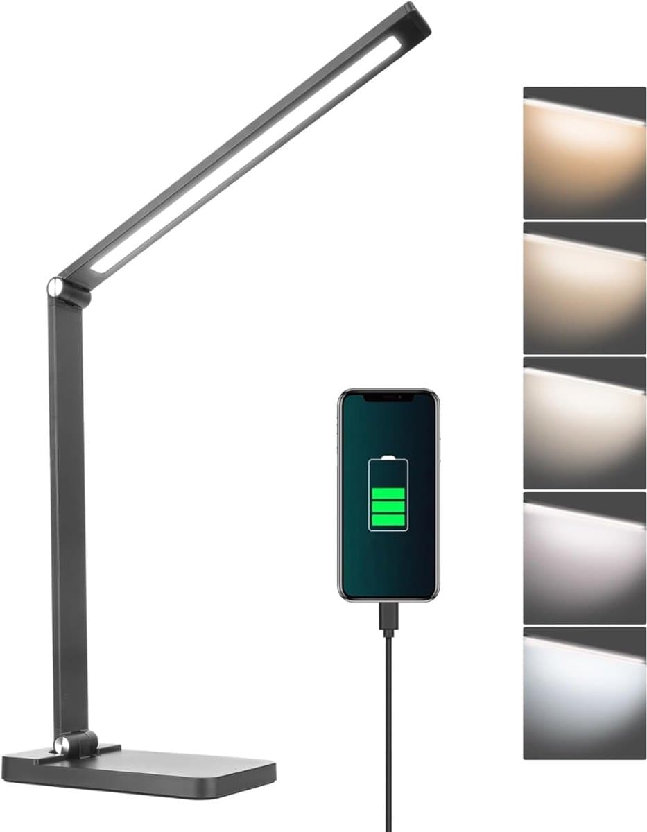 Quvo® Bureaulamp led dimbaar daglicht - USB oplaadbaar - 5 kleurenfuncties - Daglichtlamp - Touchscreen - Lichttherapielamp - Hobby lamp voor schilderen, puzzelen – UV-Vrij - Tafellamp/lamp staand - Zwart - 40cm x 12cm x 4cm