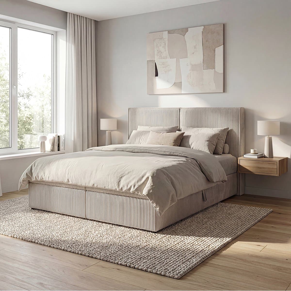 Meubella - Iro - Boxspring met opbergruimte - Ribstof beige 160x200 cm