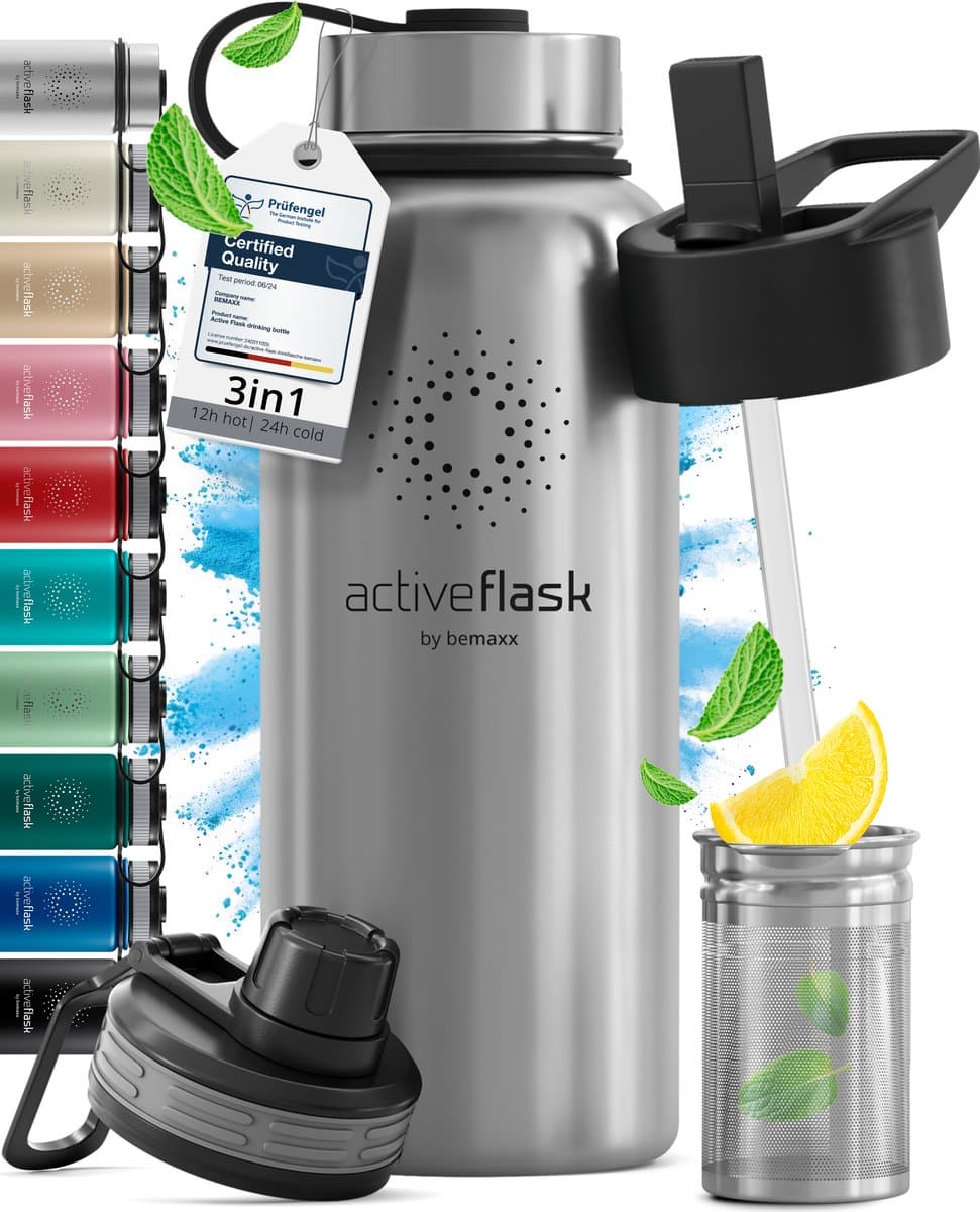 bemaxx Drinkfles met Rietje RVS Thermosfles ACTIVE FLASK (3 Drinkdoppen met Infuser), Volwassenen Kinderen, BPA-Vrij + Lekvrij | 1 Liter/500 ml Isoleerfles, Vacuüm Waterfles Sport Fitness Fietsen Water Fles Waterbidon Sportbidon