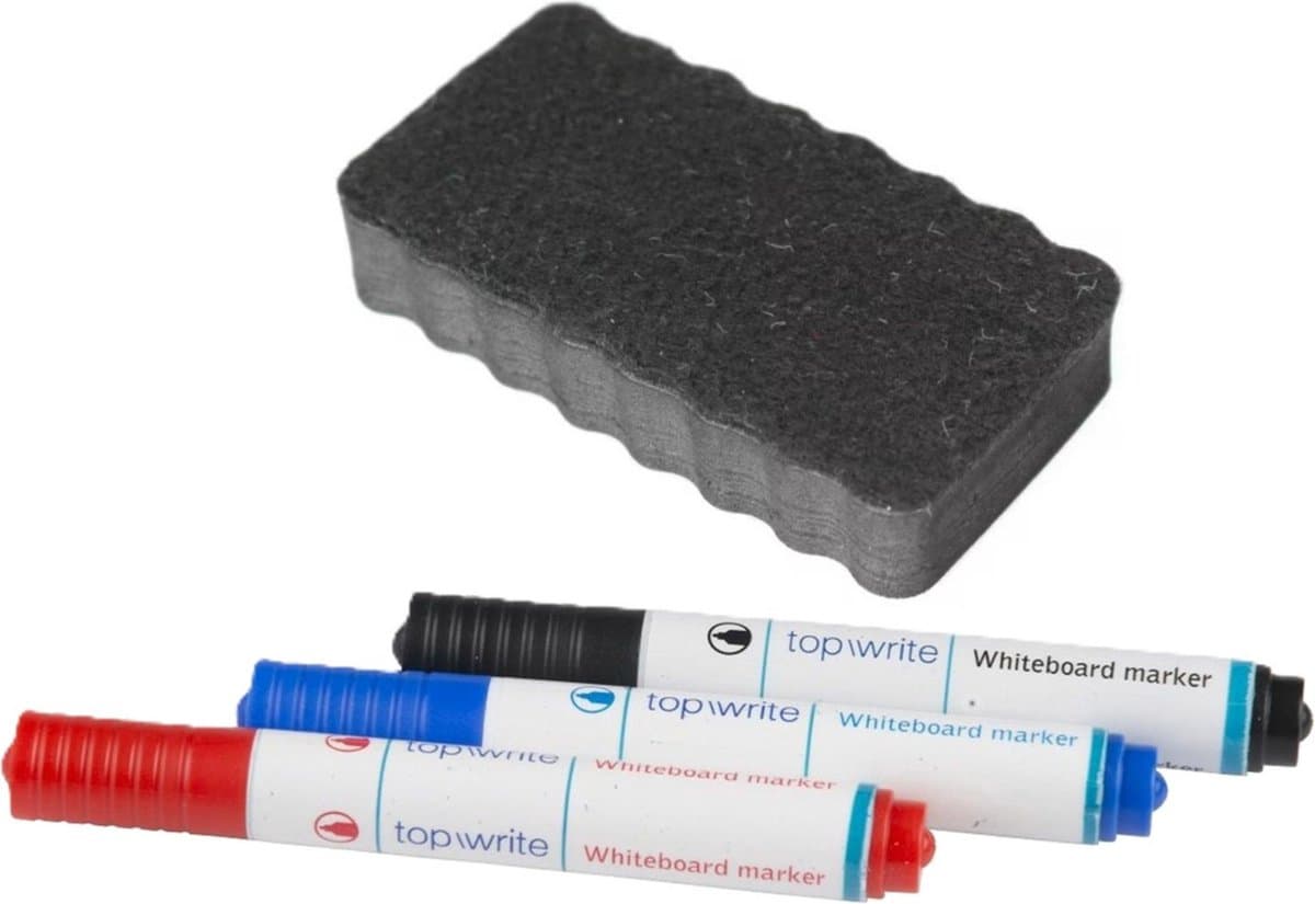 Magnetische whiteboard accessoires set - bordenwisser met 3x markers/stiften - school - kantoor - thuis