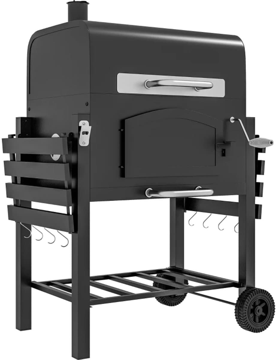 Premie 3-in-1 Houtskool Barbecue - Smoker Barbecue met Rookfunctie - Houtskoolgrill - met Verstelbaar Houtskoolcompartiment, Deksel, Handgrepen, Thermometer, Wielen - BBQ voor Kamperen, Buiten, Tuin - 124 x 66 x 112 cm - Zwart