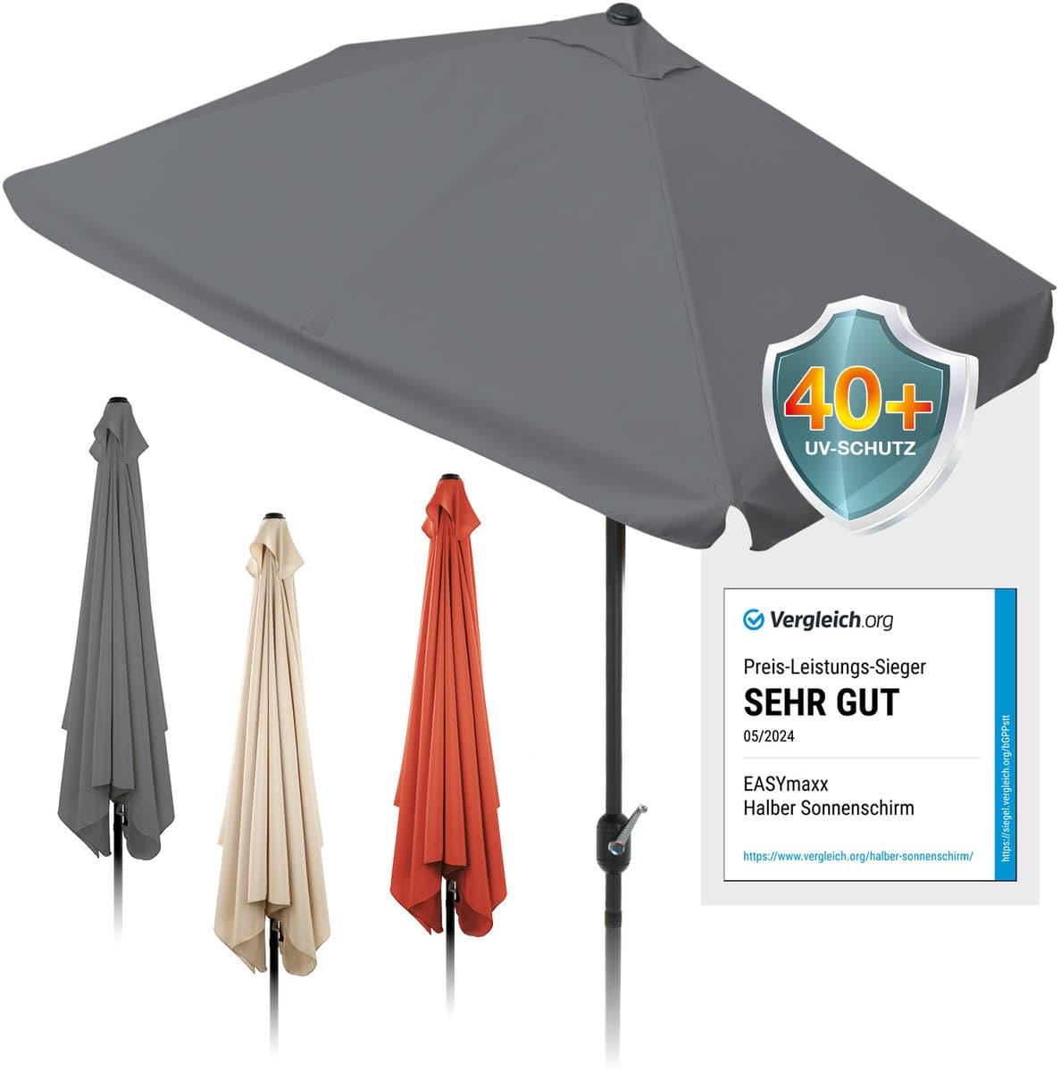 EASYmaxx rechthoekige parasol | 230 x 140 x 253 cm | voor balkon en terras | past precies tegen muren | met praktische handslinger en zonwering UV-bescherming 40+ | biedt schaduw