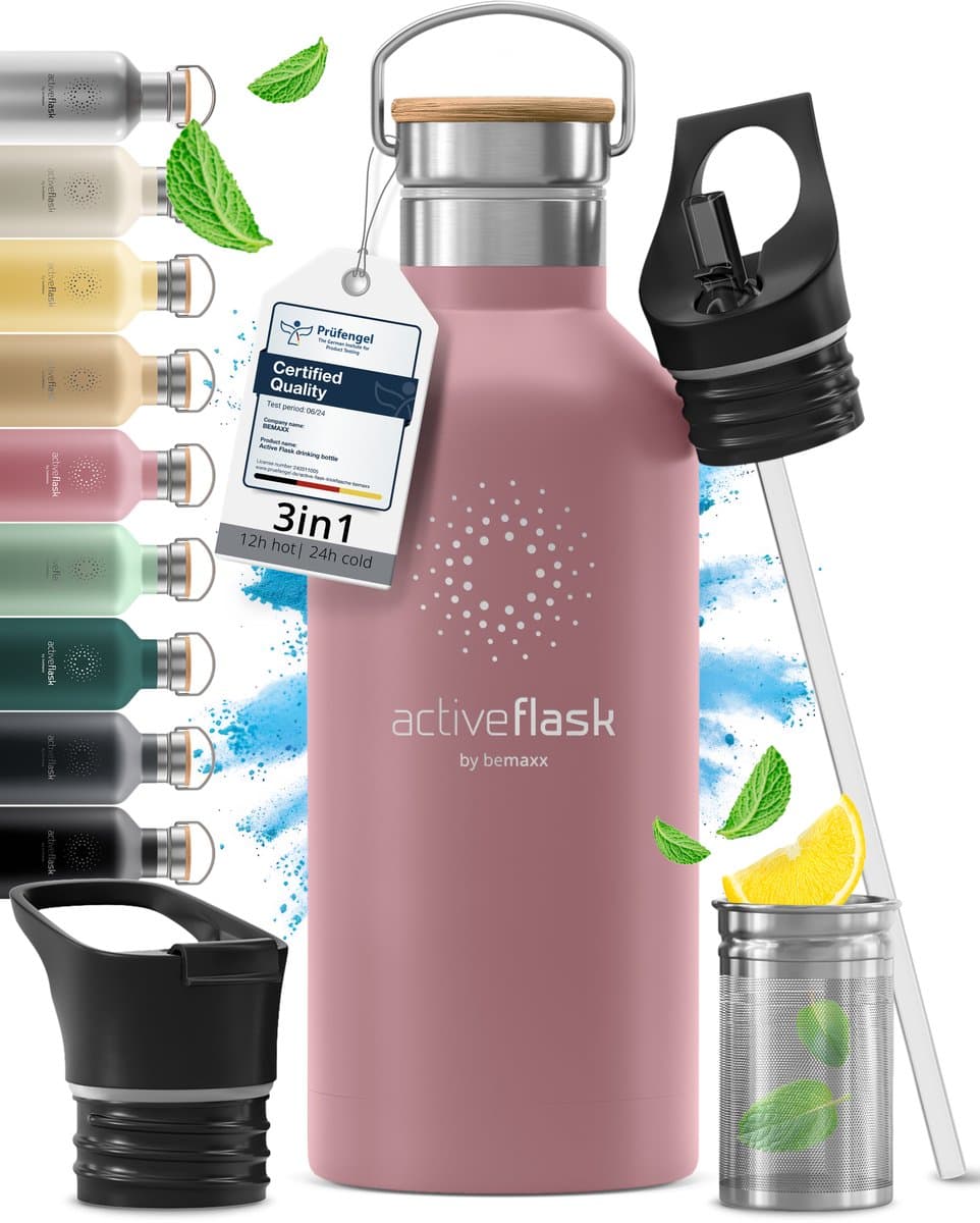 bemaxx Drinkfles met Rietje RVS Thermosfles ACTIVE FLASK (3 Drinkdoppen met Infuser), Volwassenen Kinderen, BPA-Vrij + Lekvrij | 1 Liter/500 ml Isoleerfles, Vacuüm Waterfles Sport Fitness Fietsen Water Fles Waterbidon Sportbidon