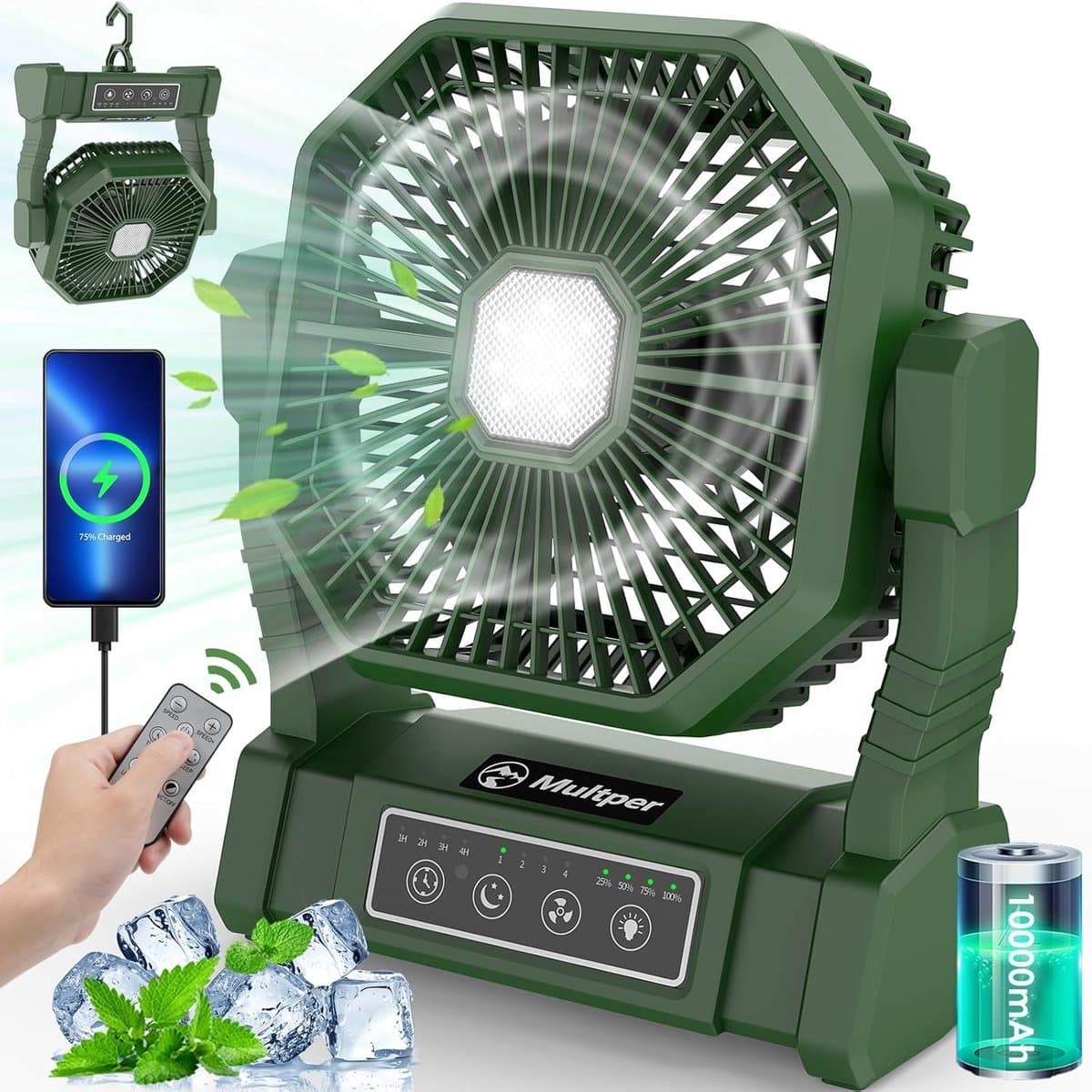 Solvix tafel ventilator geluidloos - Draagbare Tentventilator - Oplaadbaar - LED Lamp met Afstandsbediening - 4 Windsnelheden - Voor Buitenactiviteiten