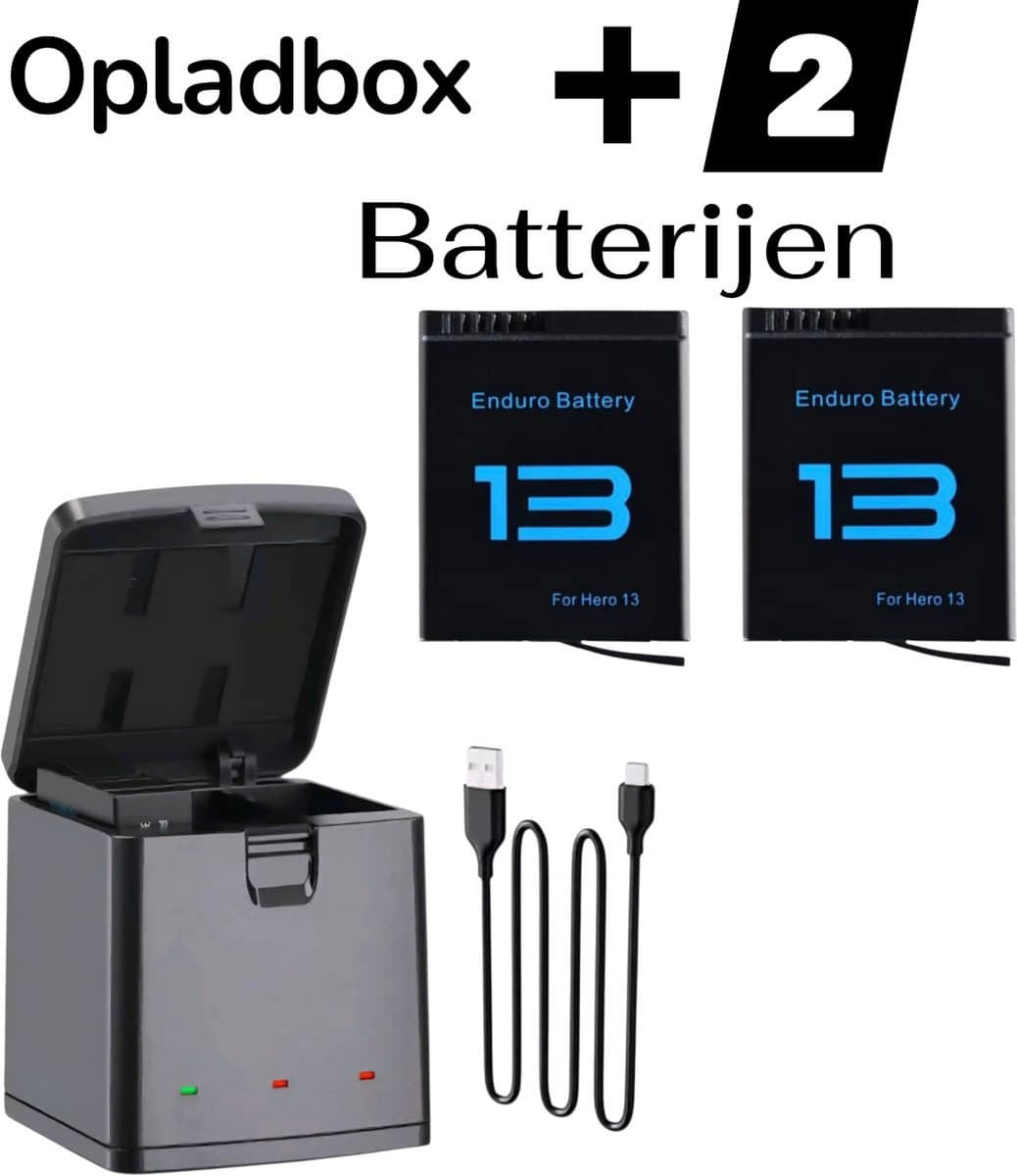 Opladbox voor GoPro Hero 13 Black -LED DISPLAY Opladbox +2 Batterijen - Opladbox voor 3 Batterijen - Inclusief 2 Batterijen - Gopro 13 - Charger Box for Gopro Hero 13 Black - Fast Charger - Opladbox 4 GoPro 13 Batterijen - GoPro 13 Accessoires