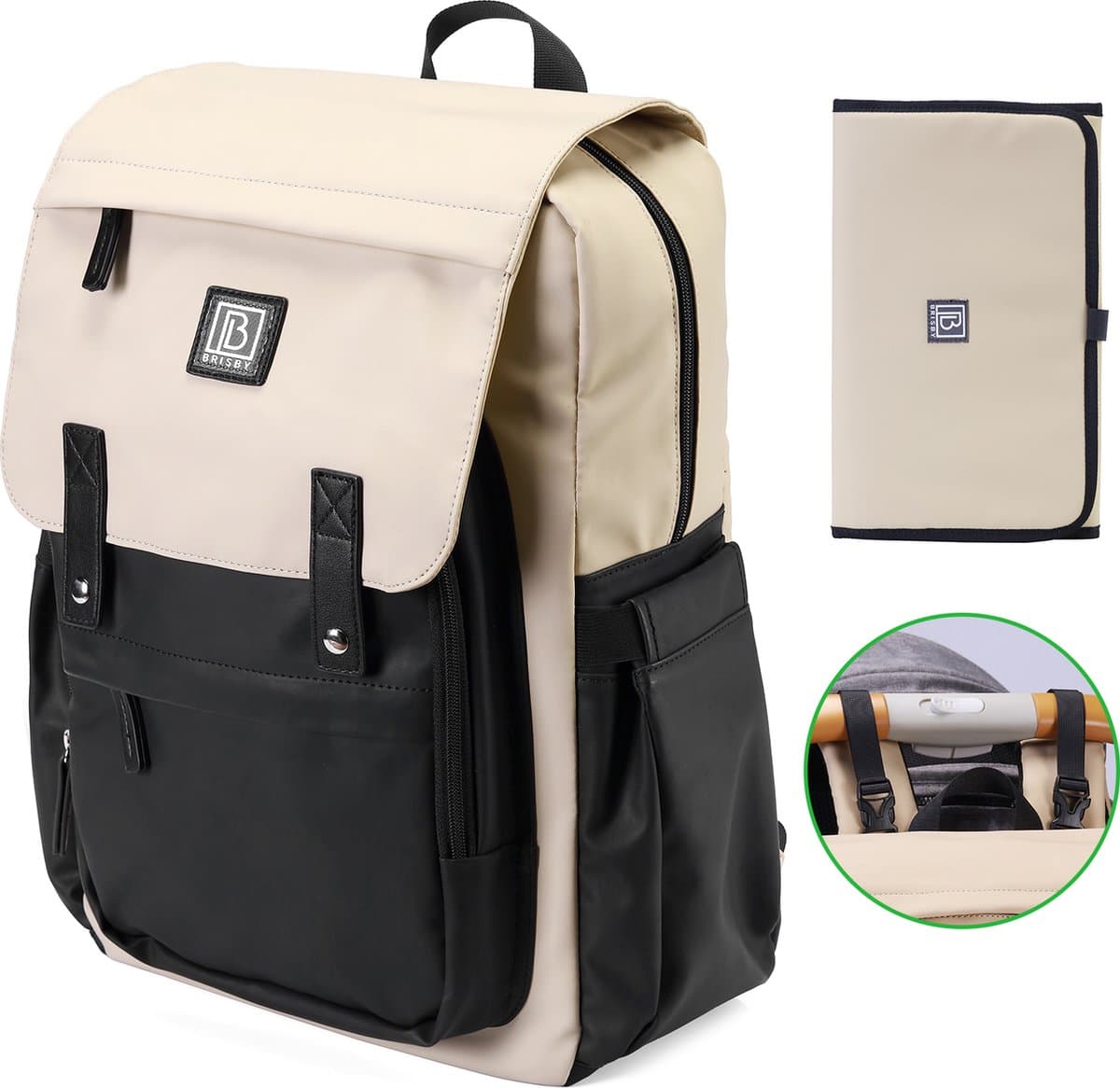 Brisby slijtvaste Luiertas – verzorgingstas - Two Tone Creme en Zwart PU - Inclusief Verschoonmatje - Isoleervakken - Met Geïntegreerde Kinderwagen haken