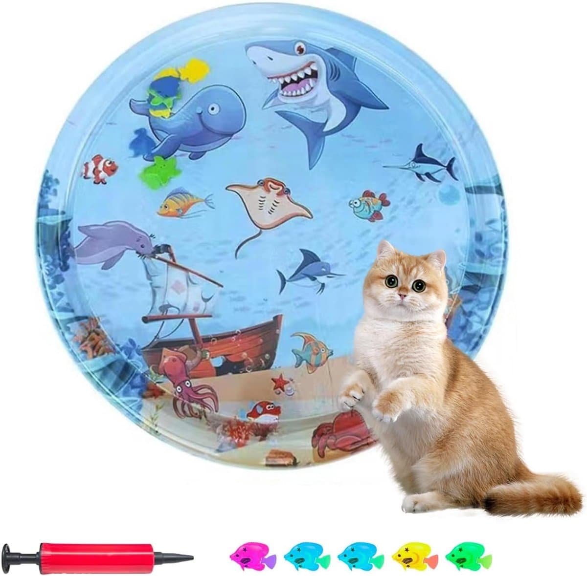 Water Speelmat Voor Kat En Hond Met Pomp - Opblaasbare Koelmat Met Water Sensor En Vis Motief - Duurzame PVC Katten Speelmat 65x65 cm - Interactieve Watermat Voor Huisdieren Voor Spelen Koelen En Sensorisch Vermaak