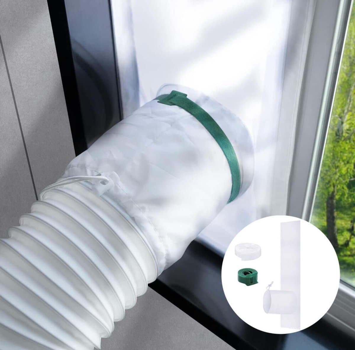 Raamafdichtingskit mobiele airco - 25x90 cm - Airco Raamafdichtingskit - Raamafdichting Airco - Efficiëntere Airconditioning - Houdt Insecten Buiten - Raam afdekzeil - Afvoerslang Airco - Raam en/of Venster - Herbruikbaar - Waterdicht - Wit