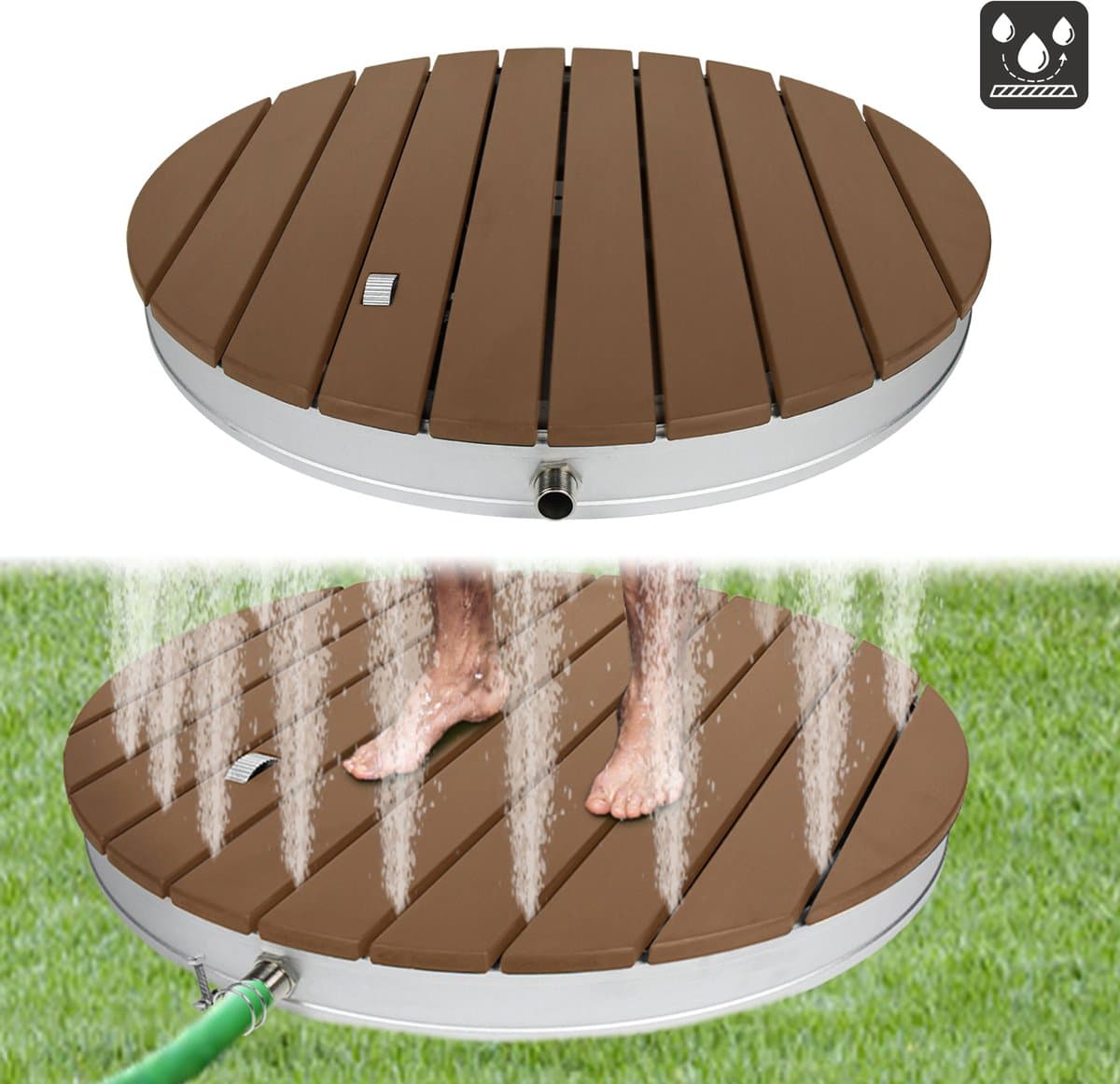 Ronde WPC Tuindouche - Ø70 cm Vloerdouche Houtlook - Antislip Buiten Douche - Campingdouche met Voetbediening - 4m Waterfontein - Voor Tuin & Zwembad
