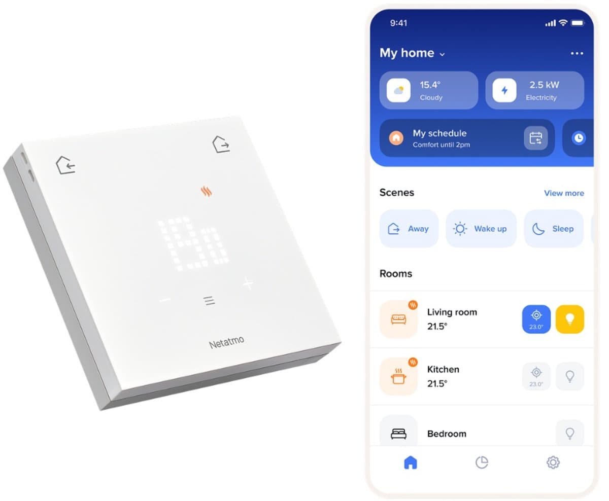 Netatmo Slimme Thermostaat ORIGINAL – Bedrade Smart Thermostaat – App Bediening, Energiebesparing & Verbruiksinzicht – Matter Compatibel – Werkt met Apple Home, Google Home, Alexa – Wit