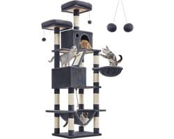 Hoppa! Kattenboom - Krabpaal - 206cm hoge krabpaal met 13 krabpalen, 1 krabhelling, 2 platforms, 2 grotten, mand, hangmat, pompons, kattenkrabpaal met meerdere niveaus voor grote katten, rookgrijs, 55,5 x 46 x 206 cm (L x D x H)
