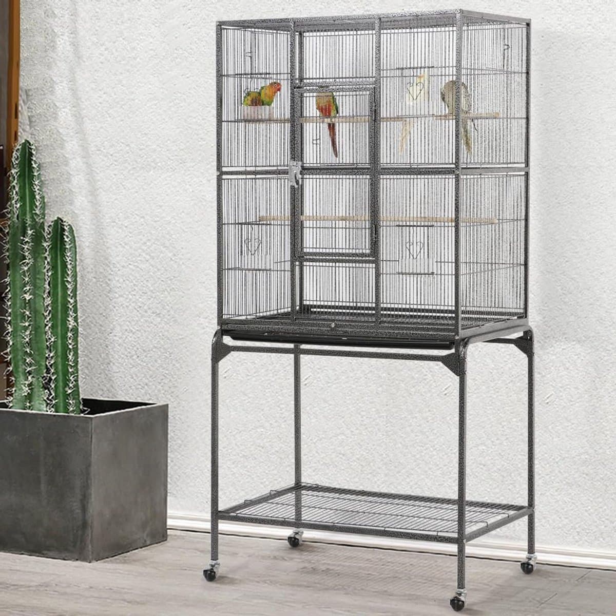 Vogelkooi Volière Parkiet Buiten Binnen Metaal op Wielen Afneembare Houder,met 4 wielen, 47 x 81 x 160 cm, HMTM-BC-10031-BLACK