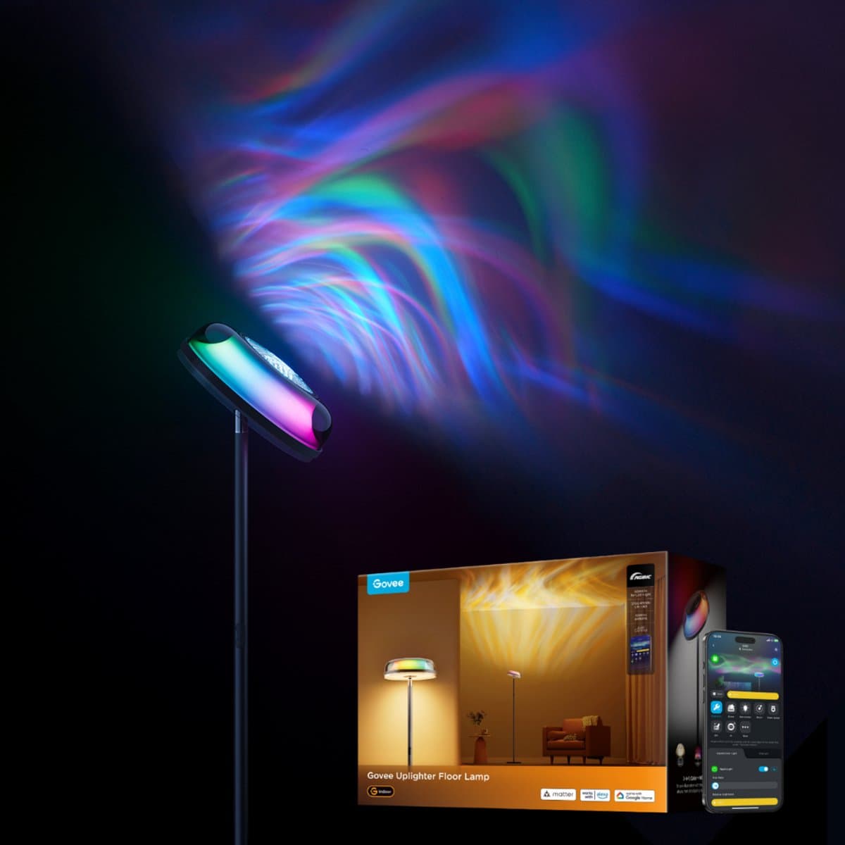 Govee slimme vloerlamp 170 cm Matter RGBICWW - ripple wall wash verlichting - drie lichtzones - projectieverlichting