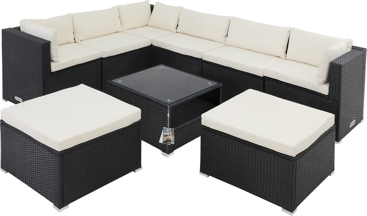 Casaria Polyrattan Loungeset XXL – Kussens & Tafel Glas - Zwart Crème
